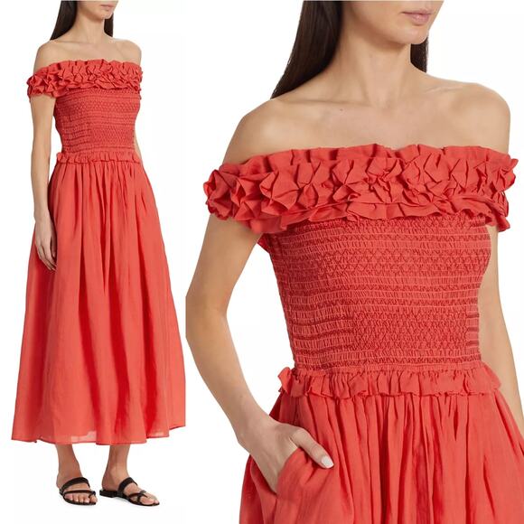 SEA New York Frida Off The Shoulder Smocked Midi Dress Coral Poppy XXS - Picture 2 of 14